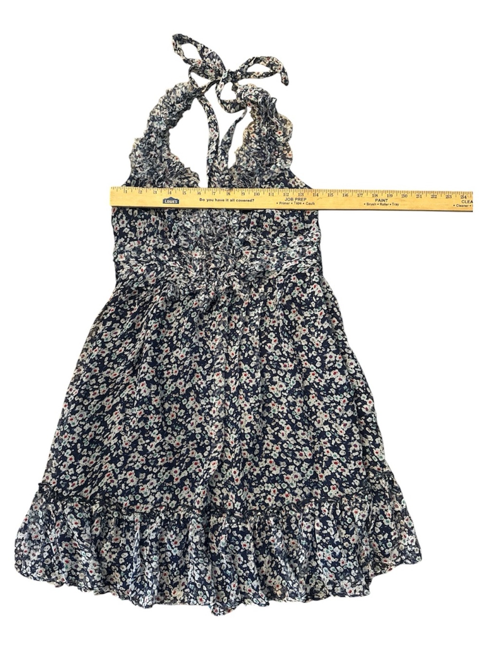 MM Couture Navy Floral Ruffle Halter Mini Dress 100%silk smocked cottagecore - Picture 6 of 8